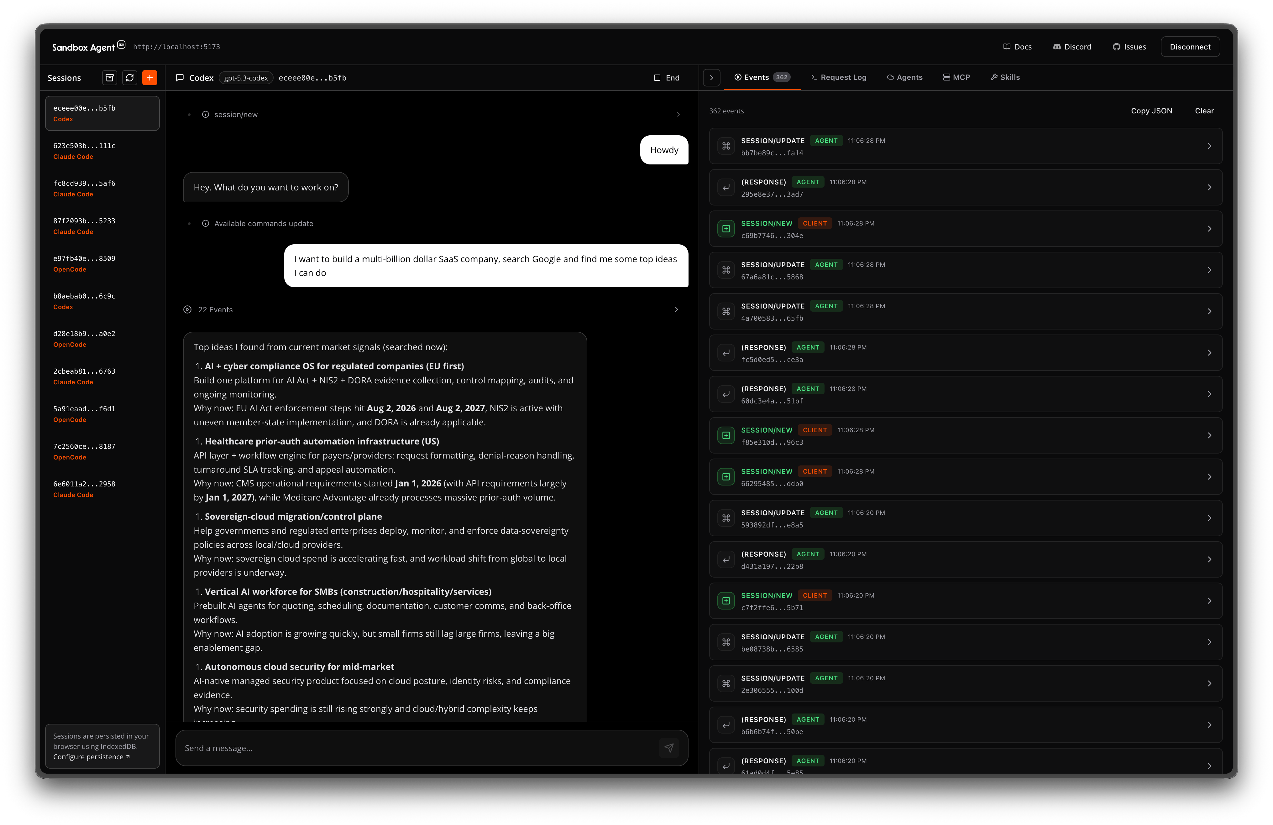 Sandbox Agent Inspector showing agent sessions and events